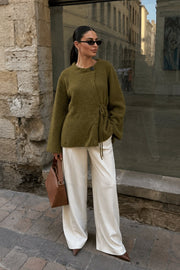 Button Detail Tie-Detail Haki Cape Cardigan