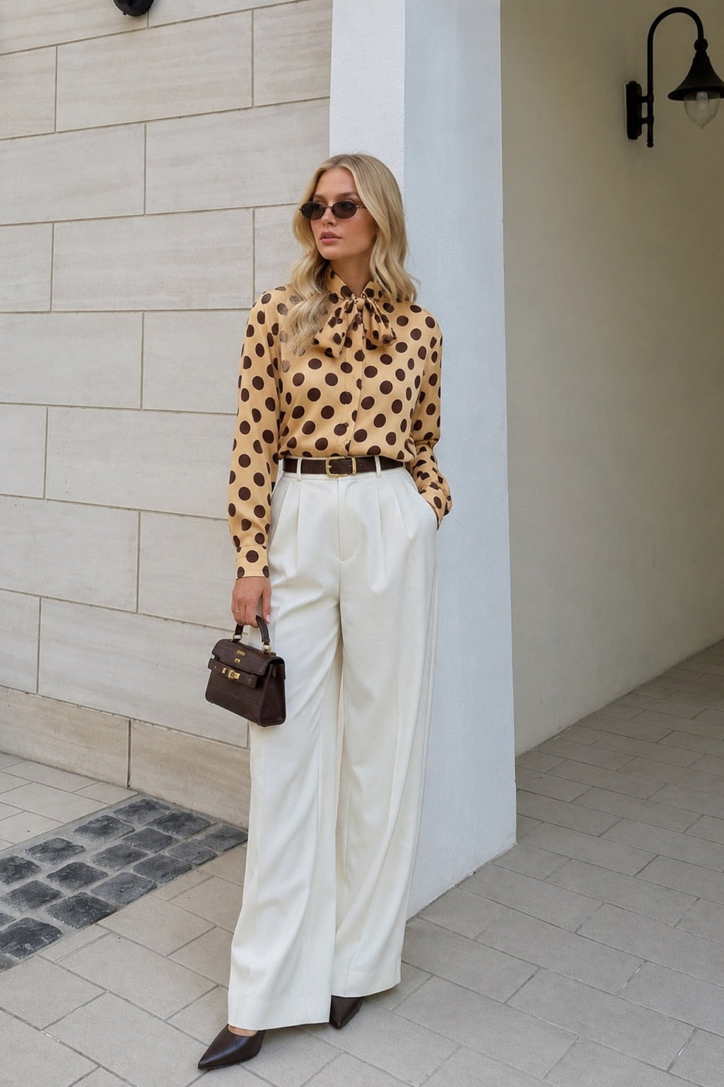 Polka Dot Pattern Scarf Detail Yellow Shirt