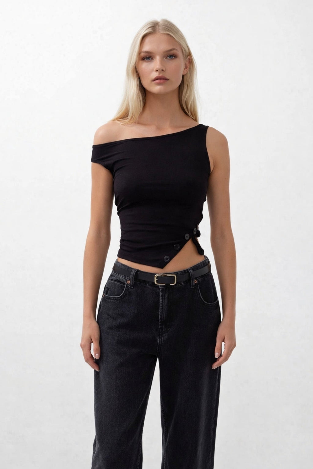 Boat Neck Slit Detail Black Blouse