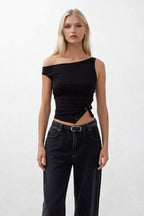 Boat Neck Slit Detail Black Blouse
