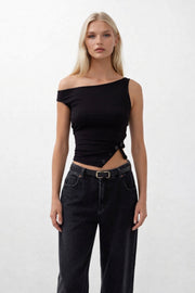 Boat Neck Slit Detail Black Blouse