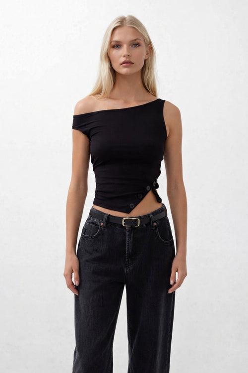 Boat Neck Slit Detail Black Blouse