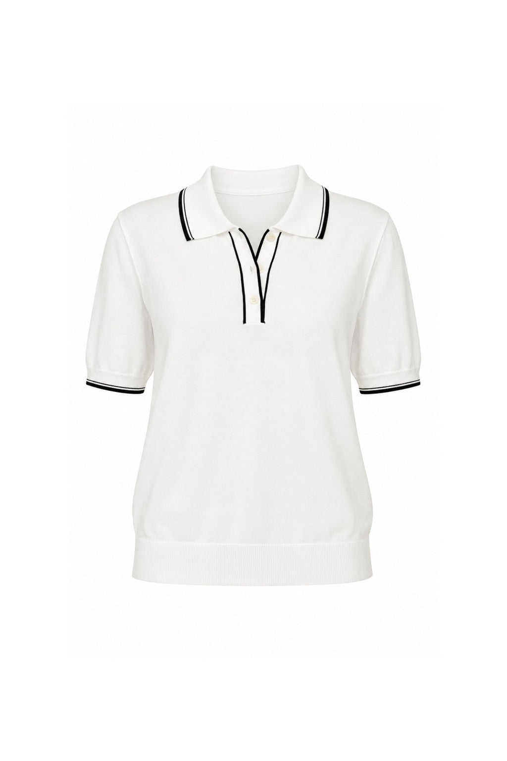 Stripe Detail Polo Neck Buttoned White Knitted Blouse