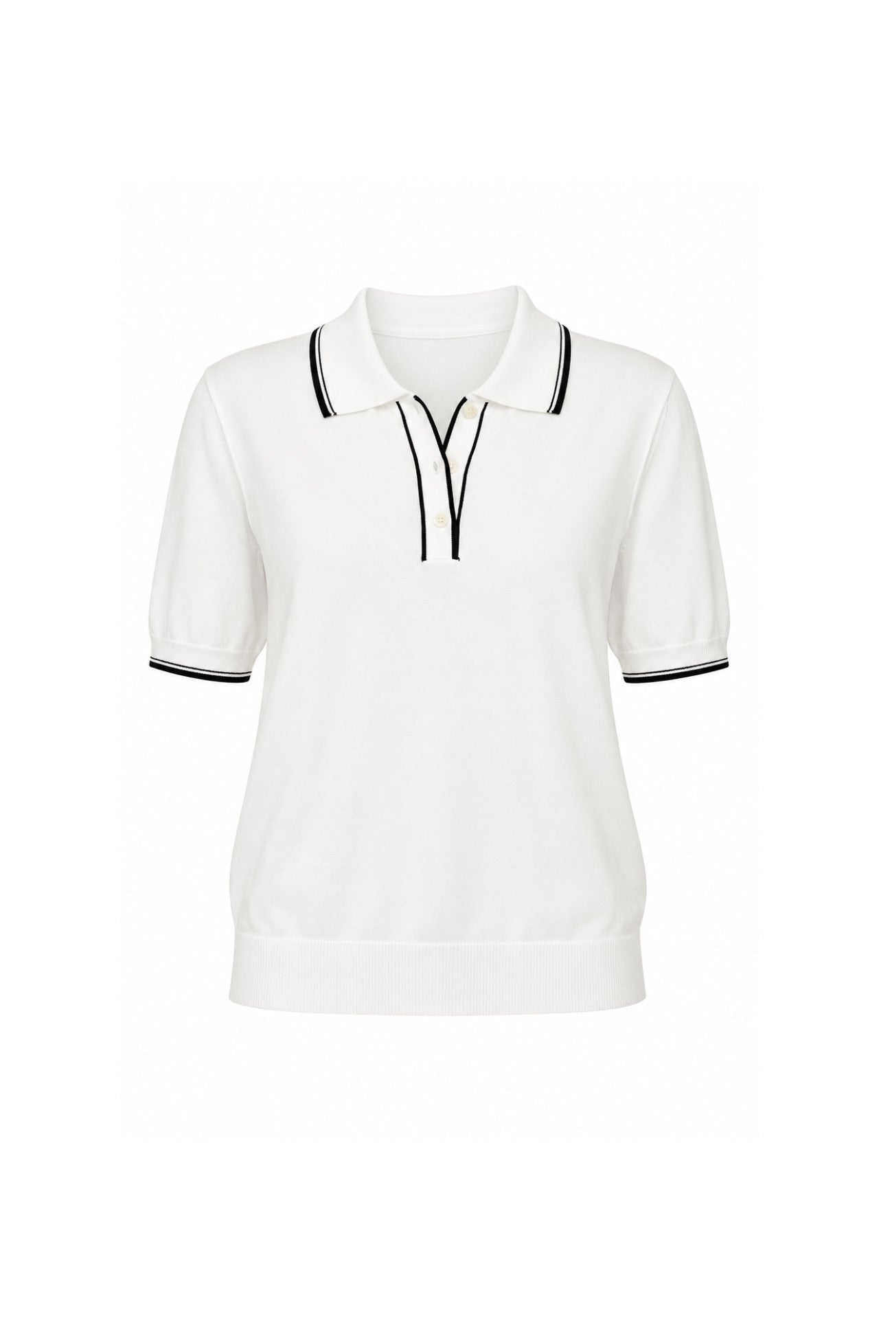 Stripe Detail Polo Neck Buttoned White Knitted Blouse