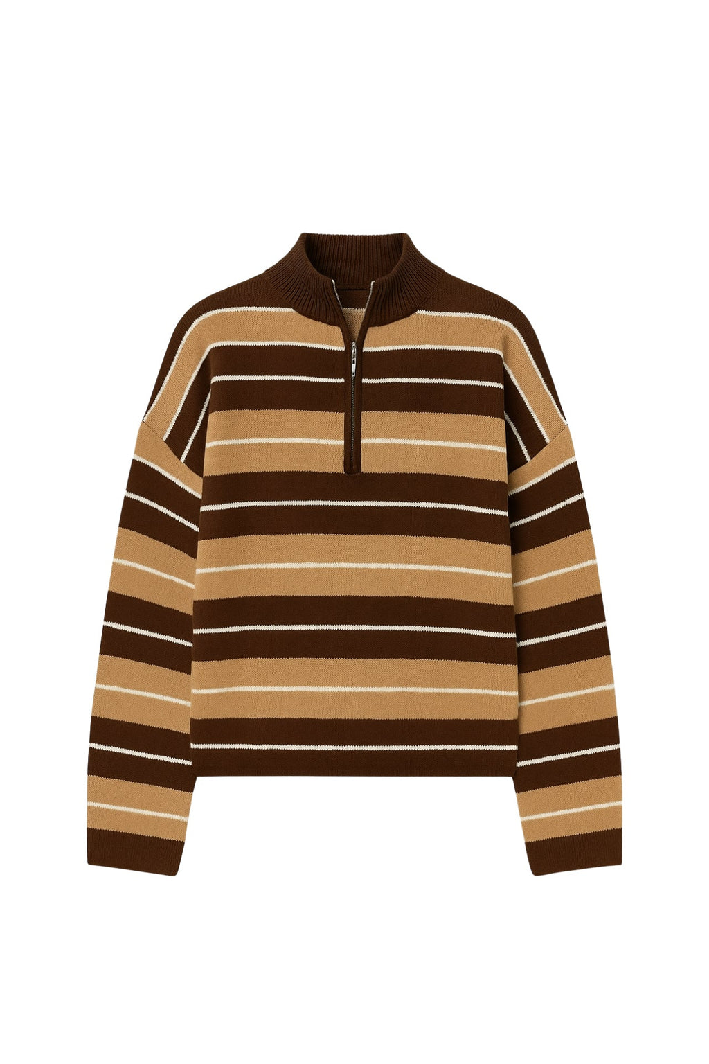 Turtleneck Zipper Detail Brown Striped Sweater