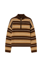 Turtleneck Zipper Detail Brown Striped Sweater