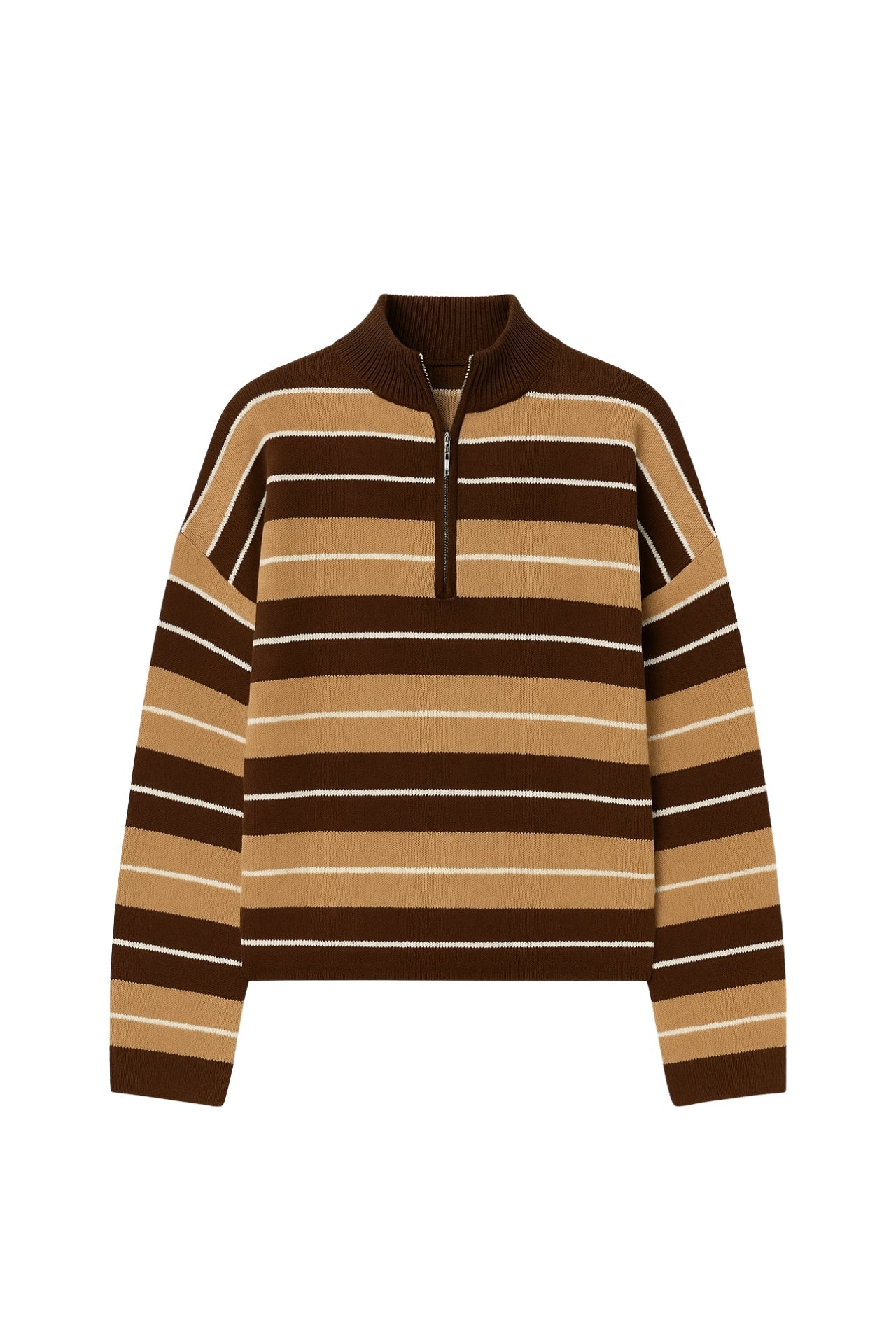 Turtleneck Zipper Detail Brown Striped Sweater