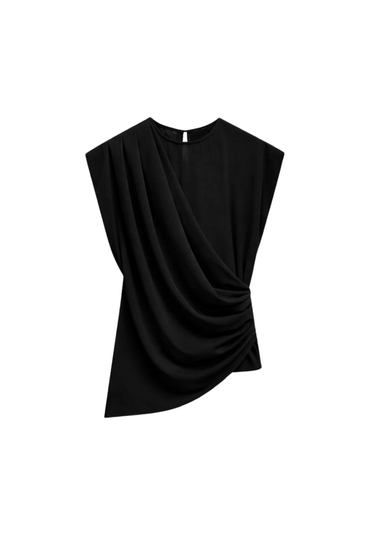 Ruched Shoulder Sleeveless Black Blouse