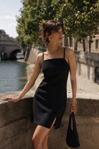 Spaghetti Strap Slit Detail Linen Mini Black Dress