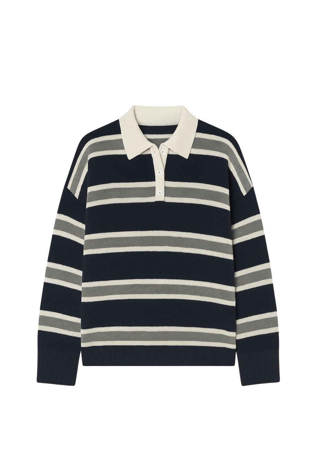 Striped Buttoned Polo Collar Navy Knit Blouse