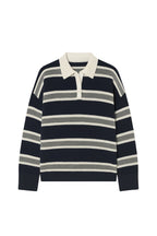 Striped Buttoned Polo Collar Navy Knit Blouse