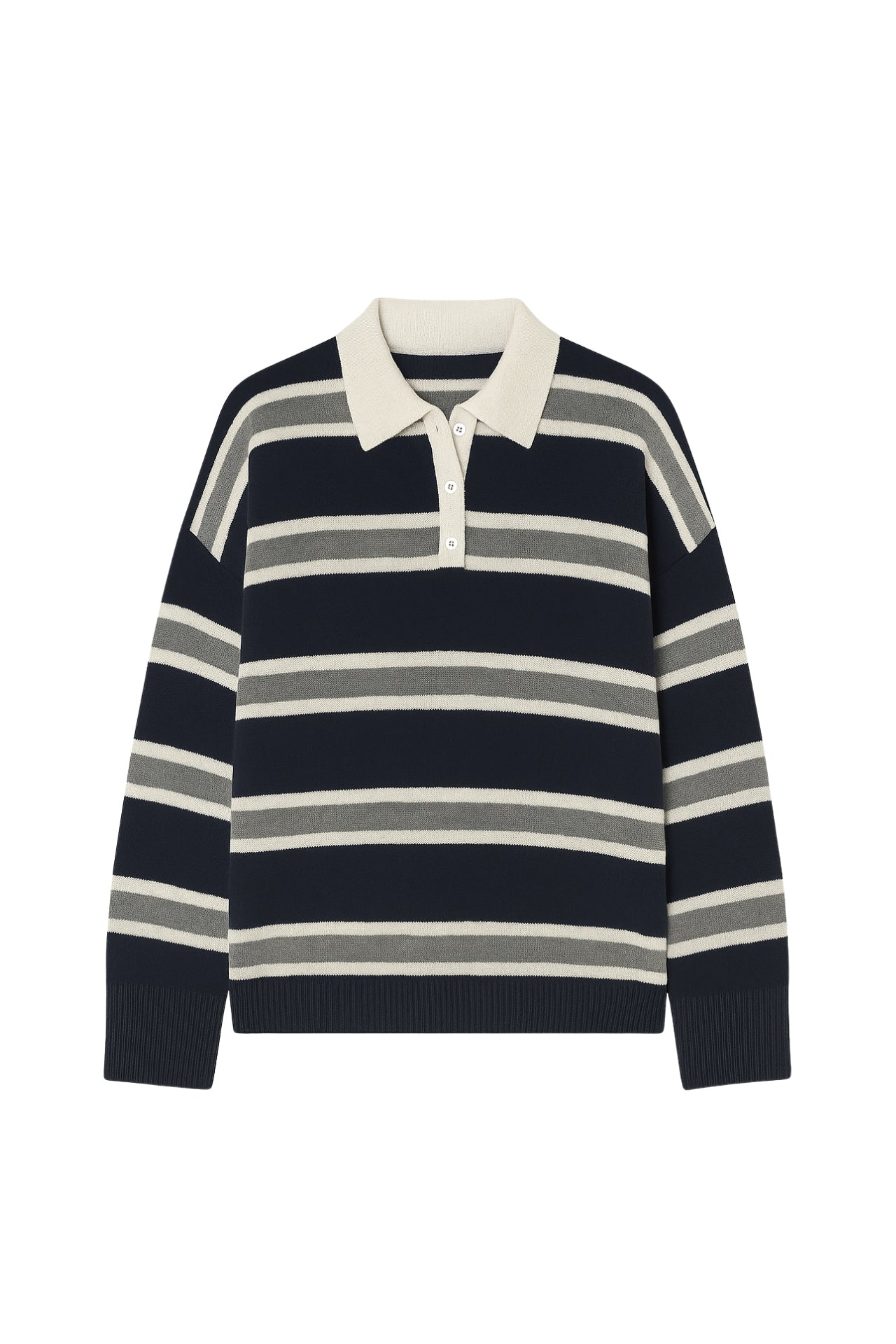 Striped Buttoned Polo Collar Navy Knit Blouse