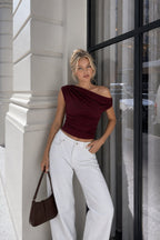 Waist-Fitted Asymmetric Shoulder Detail Burgundy Blouse