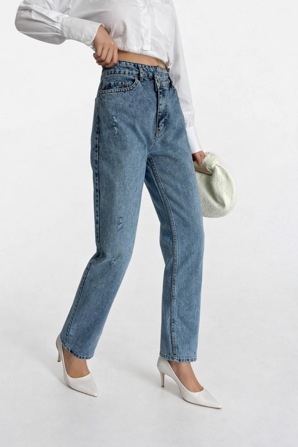 Ripped Hem Asymmetric Laser Cut Blue Jeans
