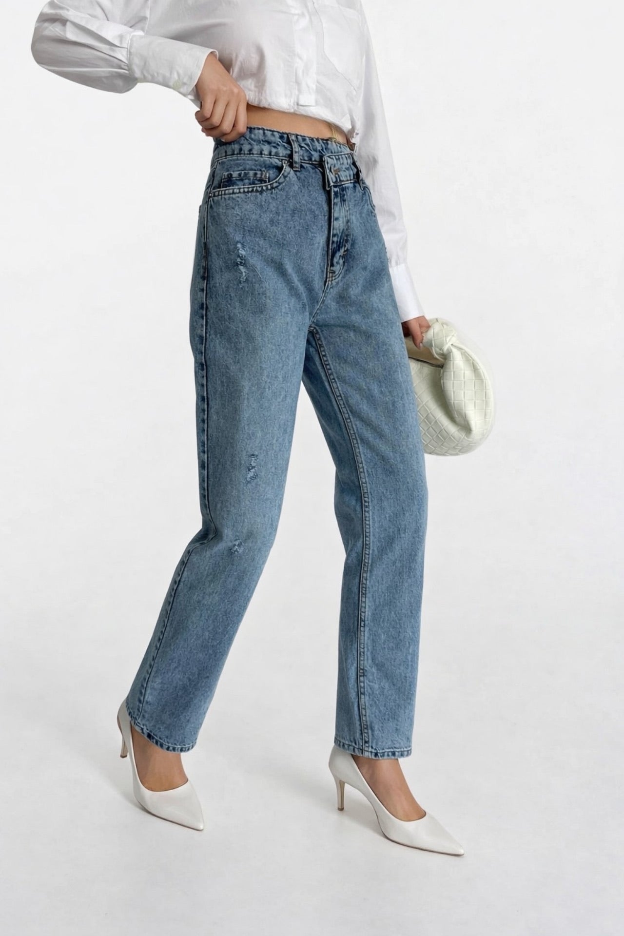 Ripped Hem Asymmetric Laser Cut Blue Jeans