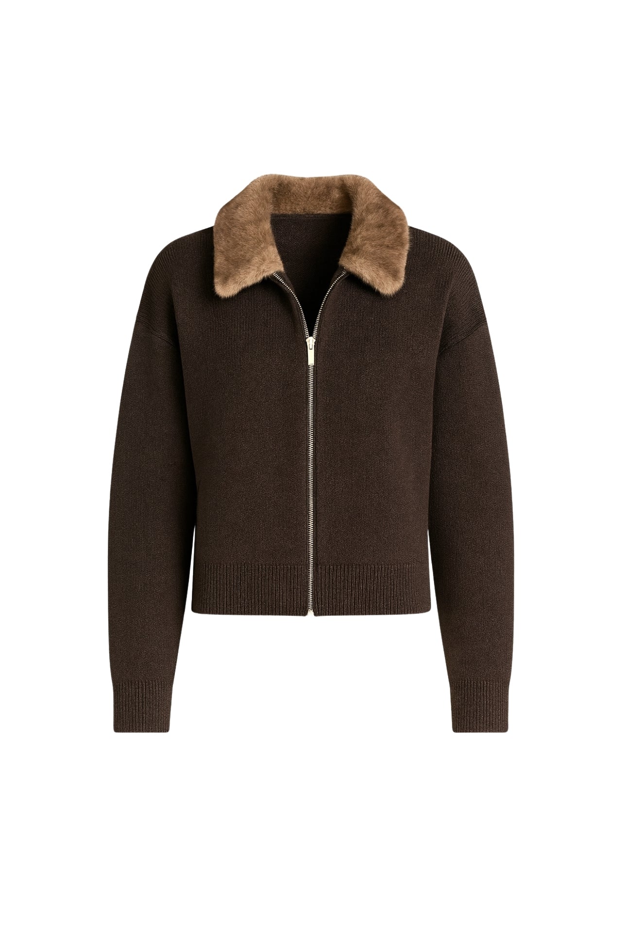Fur Collar Detail Zippered Brown Knit Sweater