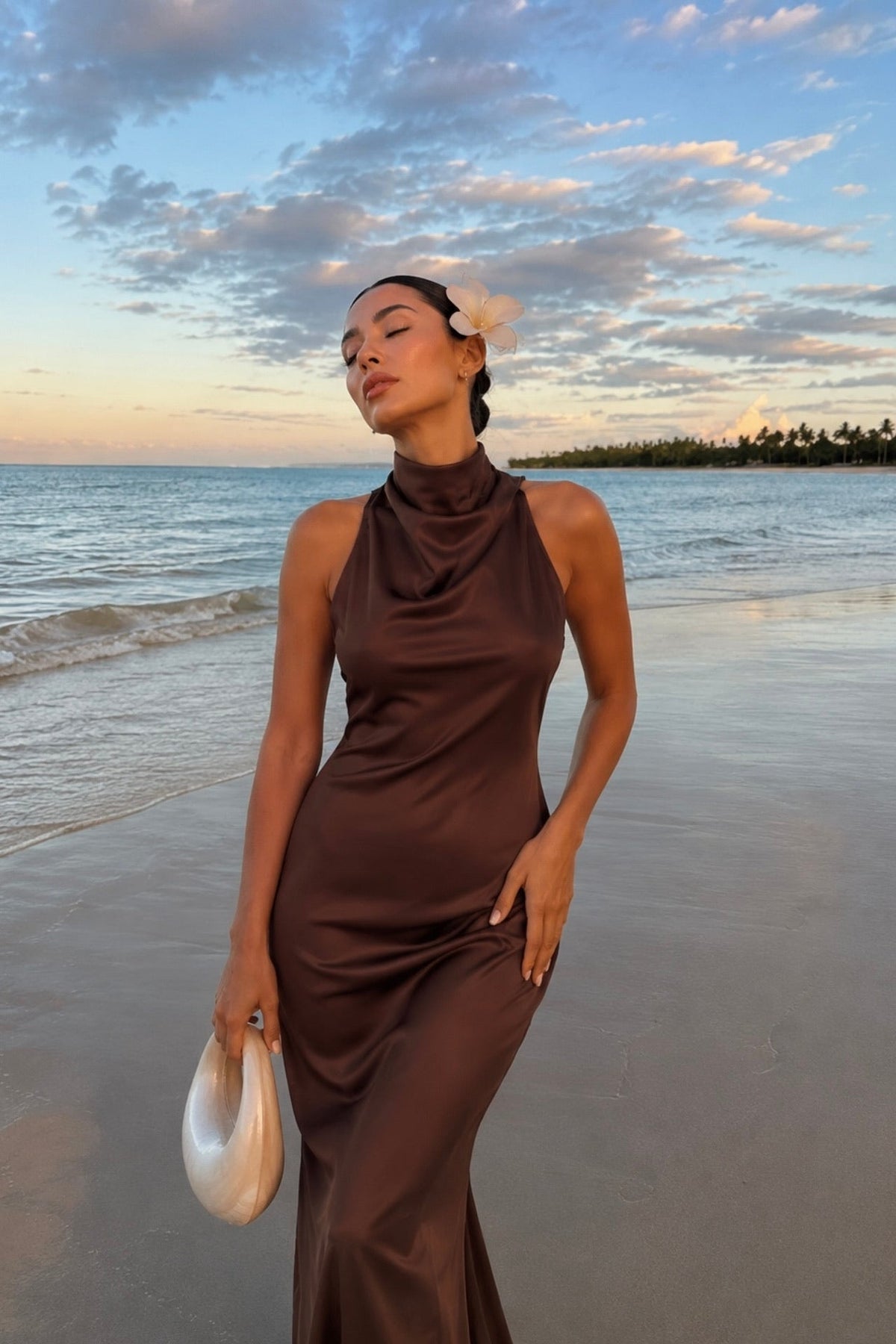 Cowl Neck Maxi Brown Satin Dress