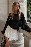 Balon Sleeve Boat-Neck Black Knit Blouse