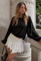 Balon Sleeve Boat-Neck Black Knit Blouse