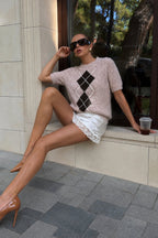 Baklava Pattern Short-Sleeve Textured Beige Blouse