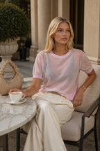 Crew Neck Transparent Textured Pink Blouse
