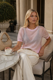 Crew Neck Transparent Textured Pink Blouse