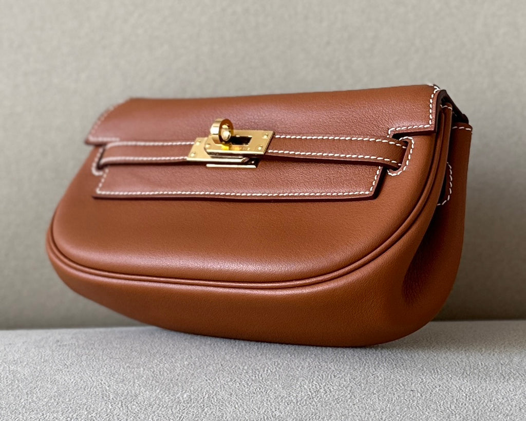 Handmade Swift Leather Crossbody Bag with Mini Pouch – Gold Brown