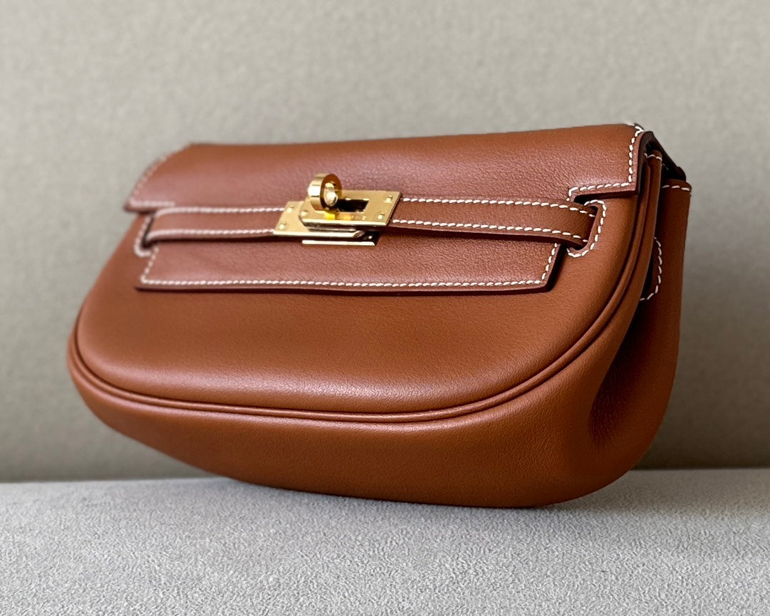 Handmade Swift Leather Crossbody Bag with Mini Pouch – Gold Brown