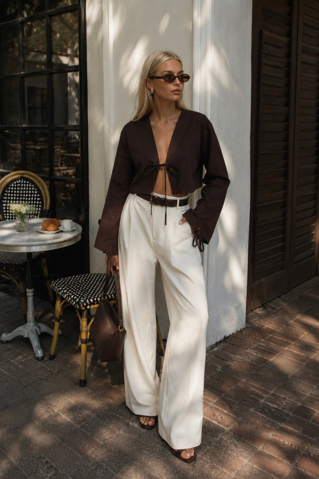 Tie Detail Long Kol Brown Blouse
