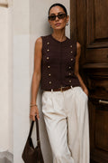 Button Detail Sleeveless Brown Knit Waistcoat