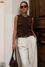Button Detail Sleeveless Brown Knit Waistcoat