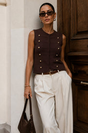 Button Detail Sleeveless Brown Knit Waistcoat
