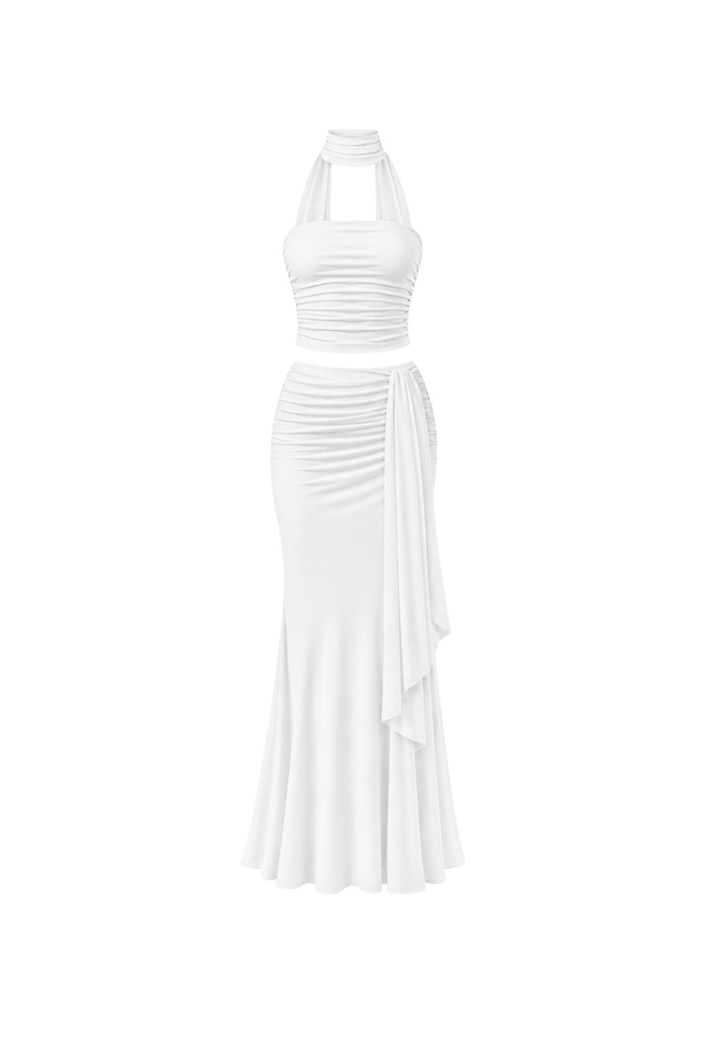 Shawl Detail Strapless Blouse Waist-Ruched Maxi Skirt Three-Piece White Set