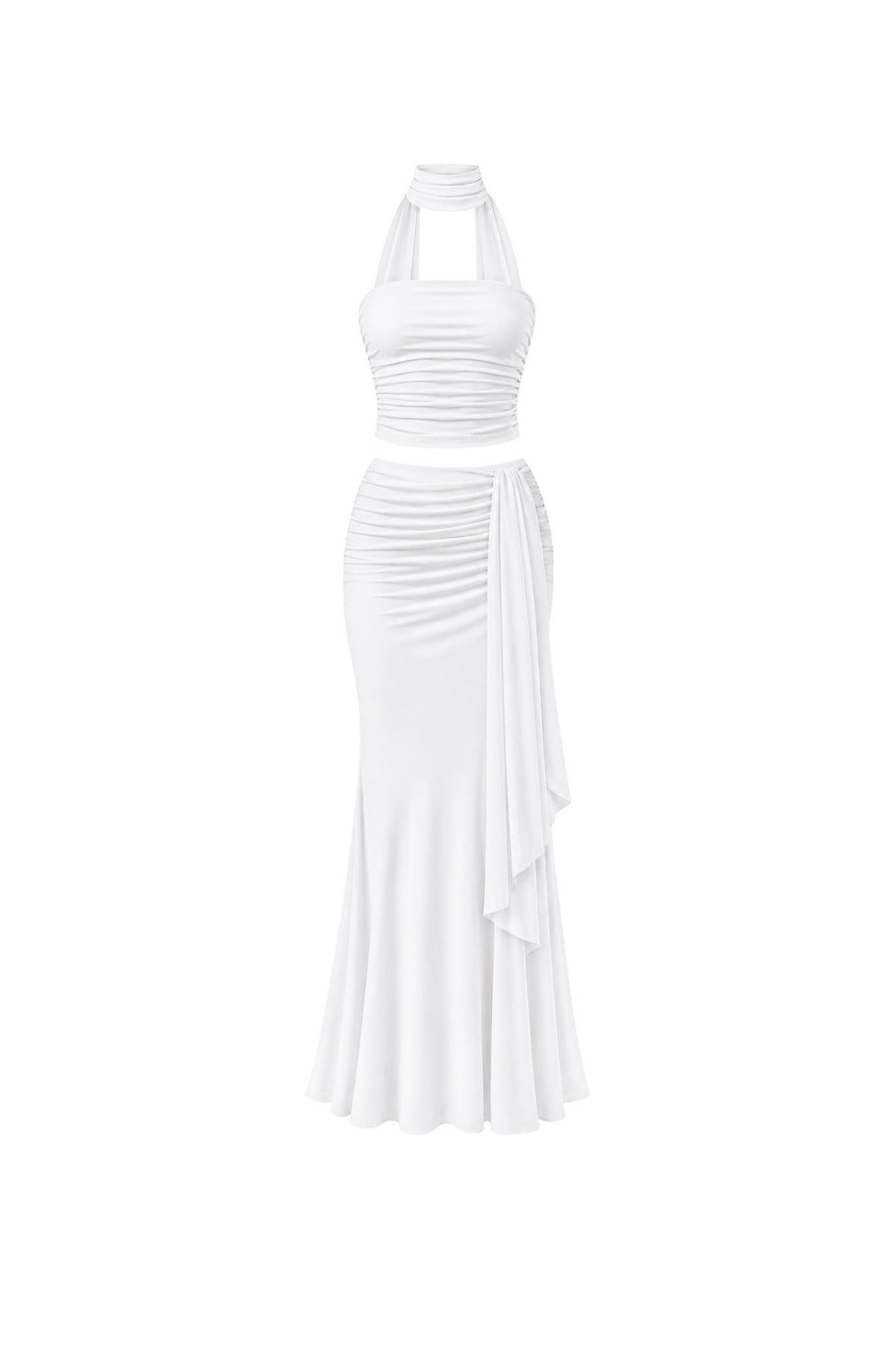 Shawl Detail Strapless Blouse Waist-Ruched Maxi Skirt Three-Piece White Set