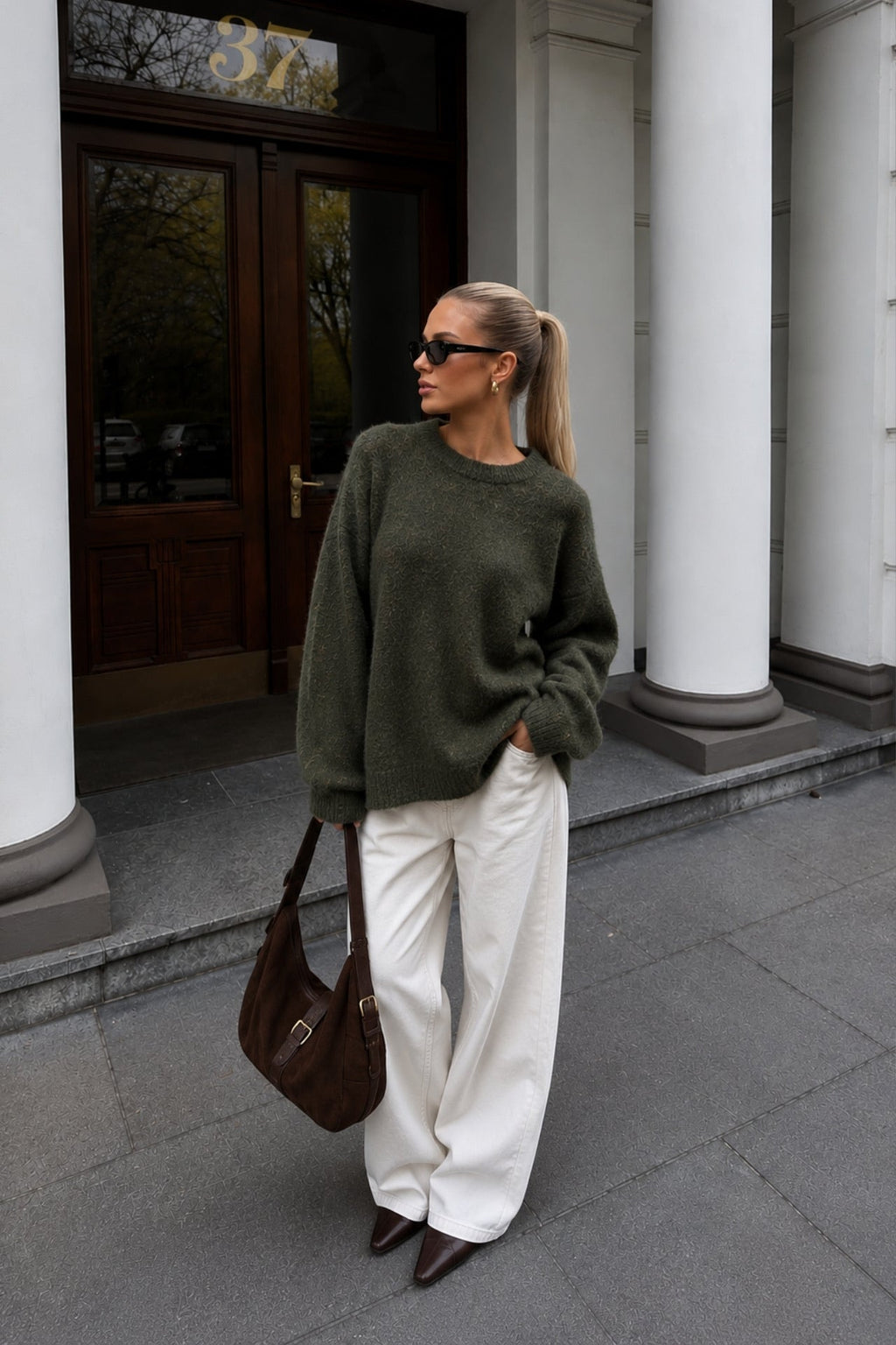 Crew Neck Textured Haki Basic Kazak