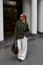 Crew Neck Textured Haki Basic Kazak