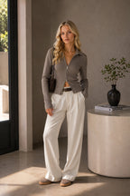 Polo Neck Double Zipper Beige Knitwear Blouse