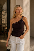 One-Shoulder Open Detail Brown Knit Blouse