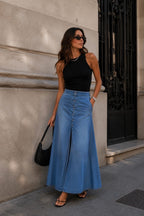 Stitch Detail Blue Maxi Denim Skirt