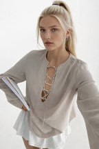Lace-Up Beige Linen Blouse