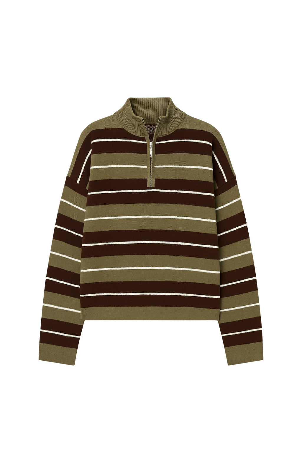 Turtleneck Zipper Detail Green Striped Sweater