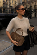 Neck Stone Embellished Half-Sleeve Textured Beige Blouse