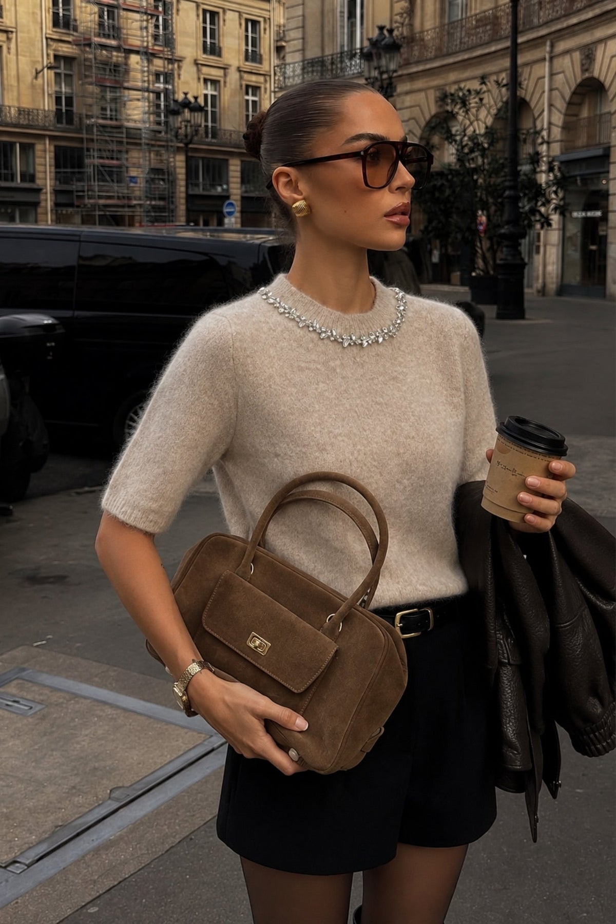 Neck Stone Embellished Half-Sleeve Textured Beige Blouse
