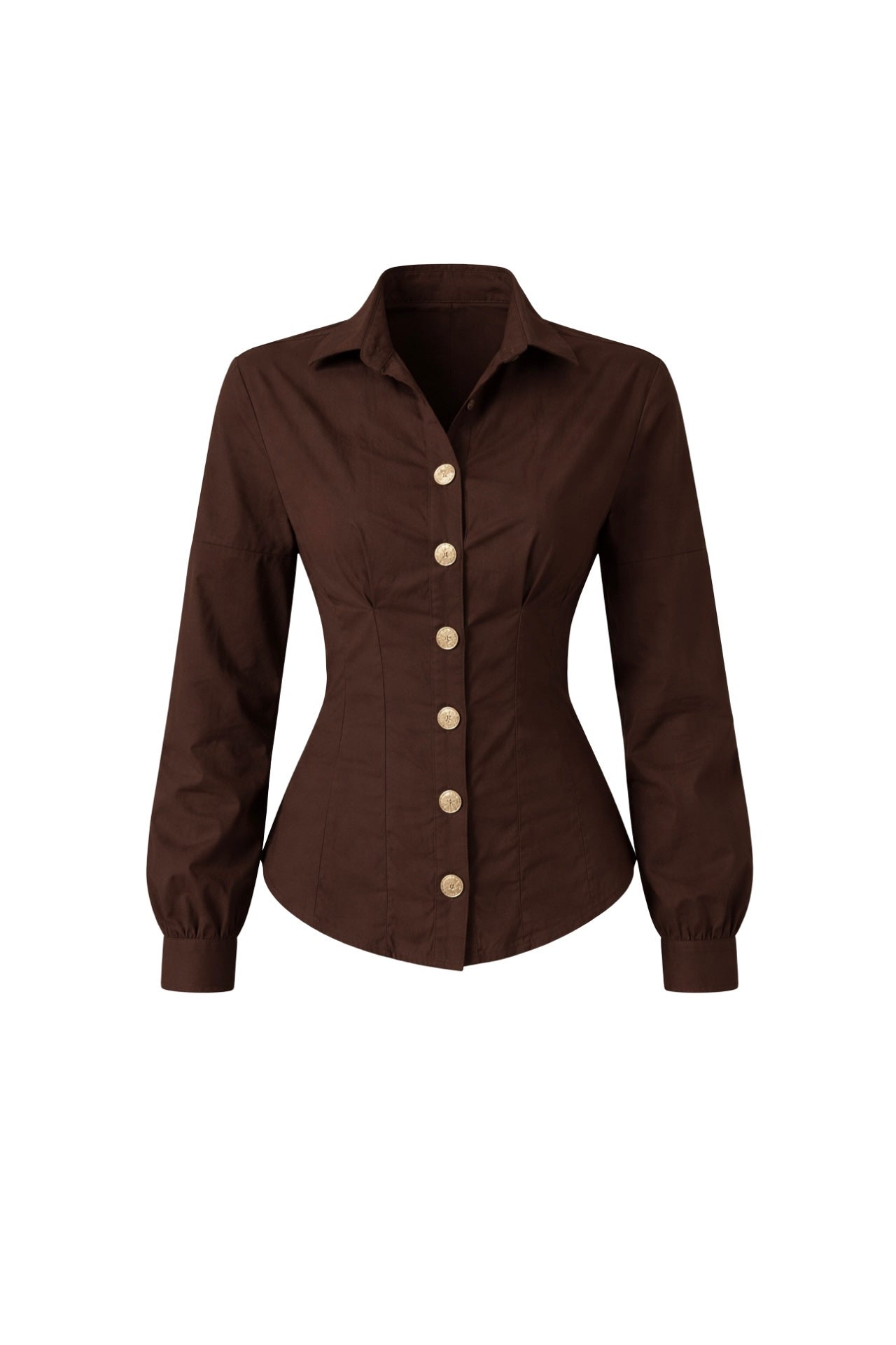 Waist-Fitted Gold Buttoned Brown Shirt