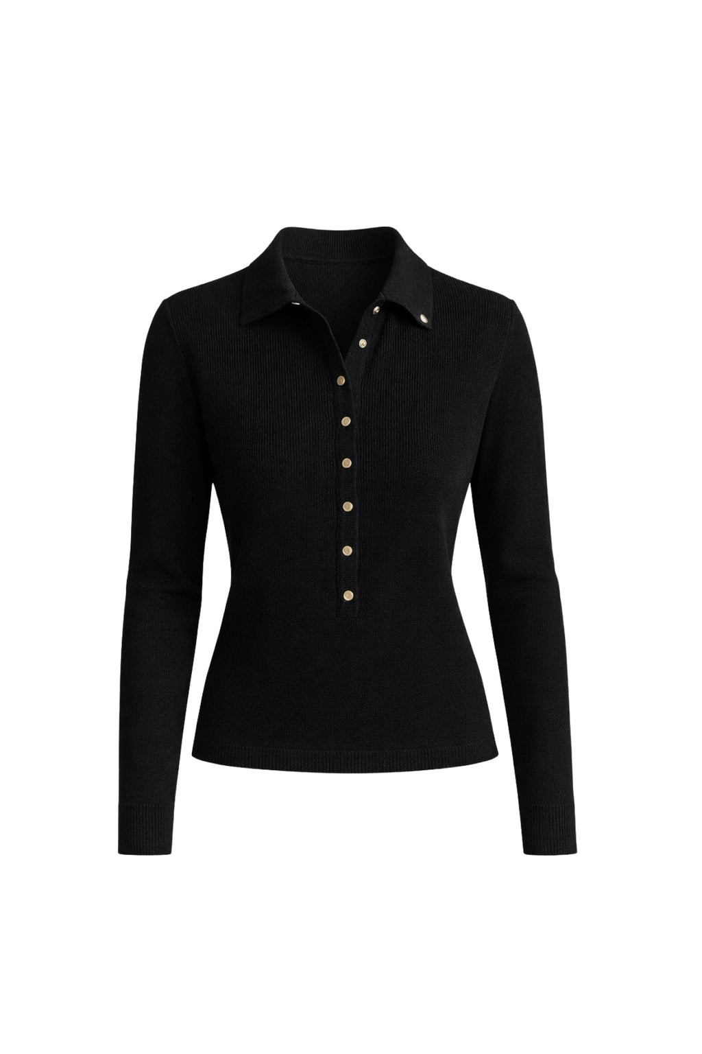 Polo Collar Snap-Button Black Knit Blouse