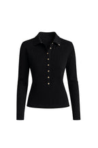 Polo Collar Snap-Button Black Knit Blouse