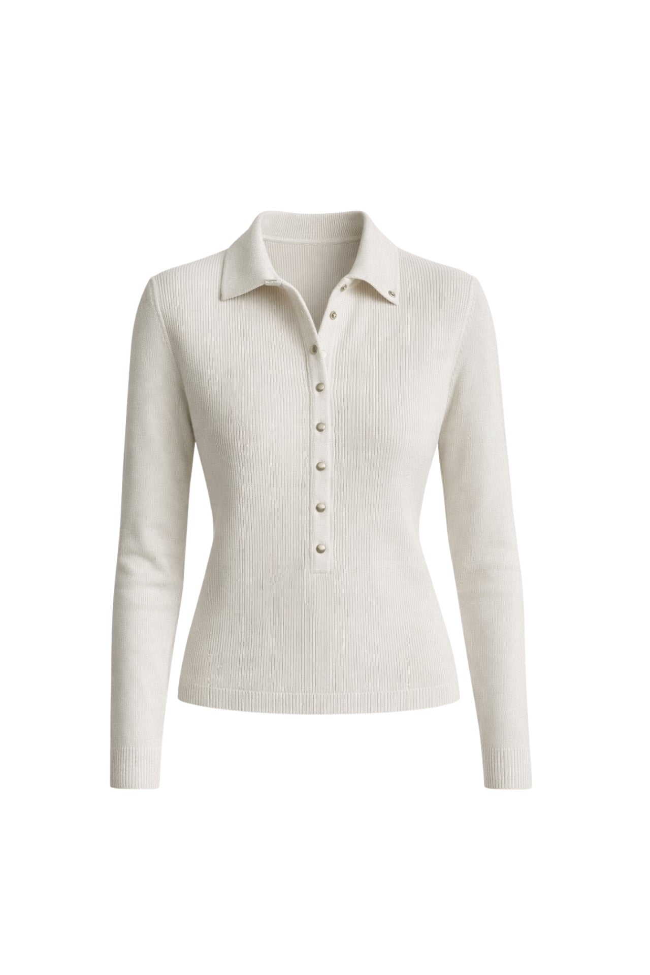 Polo Collar Snap-Button Ecru Knit Blouse