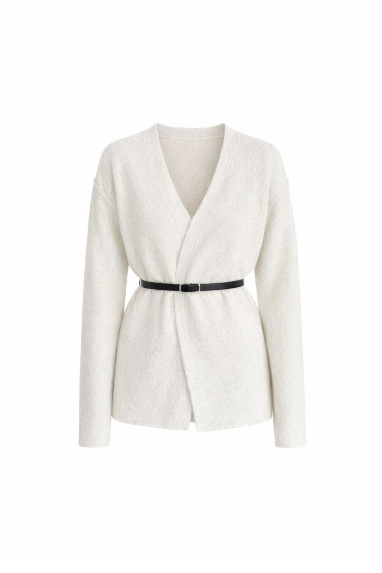 Belt Detail Wrap Collar Ecru Knit Cardigan