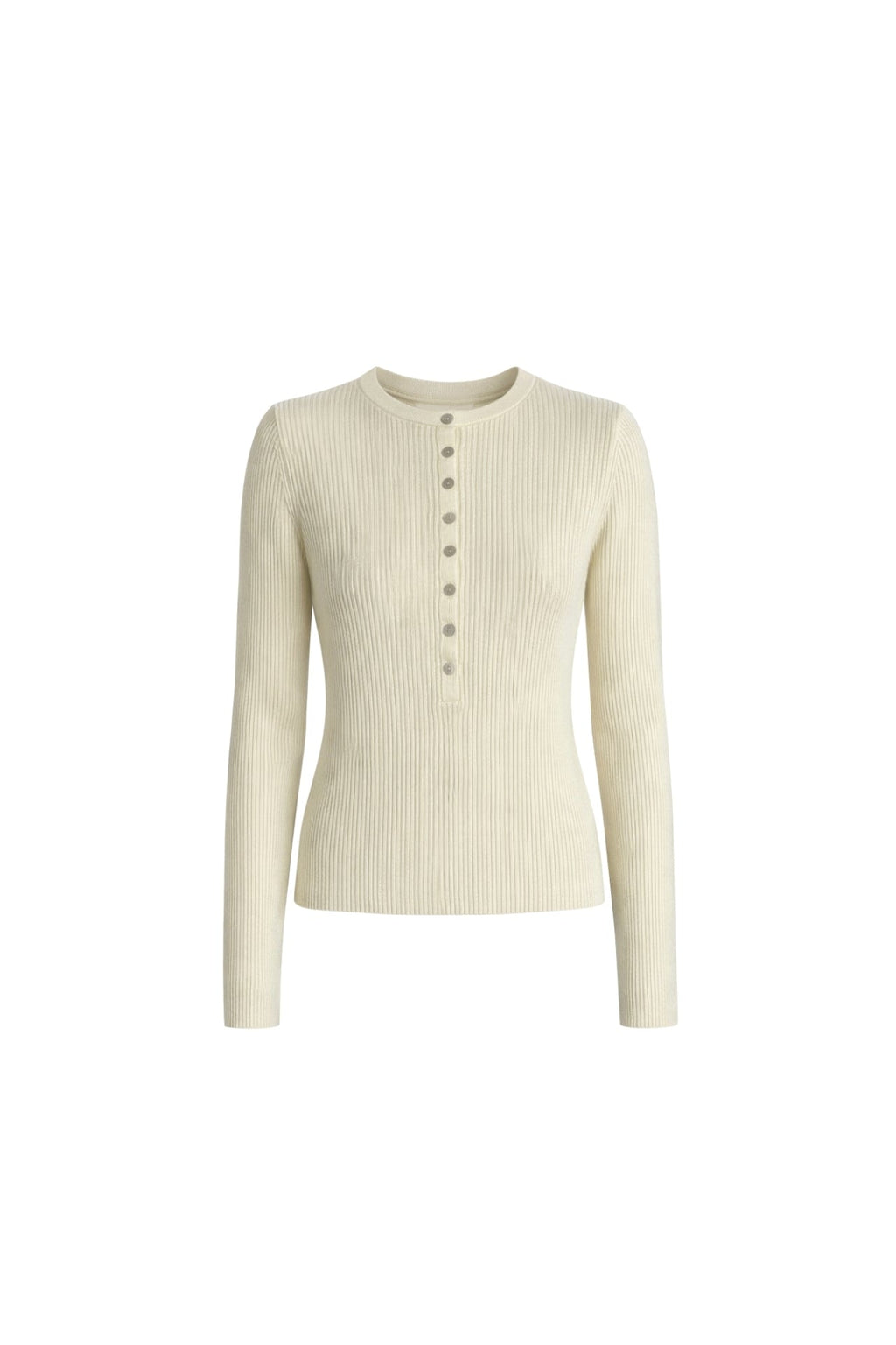 Crew Neck Button Detail Ecru Knit Blouse