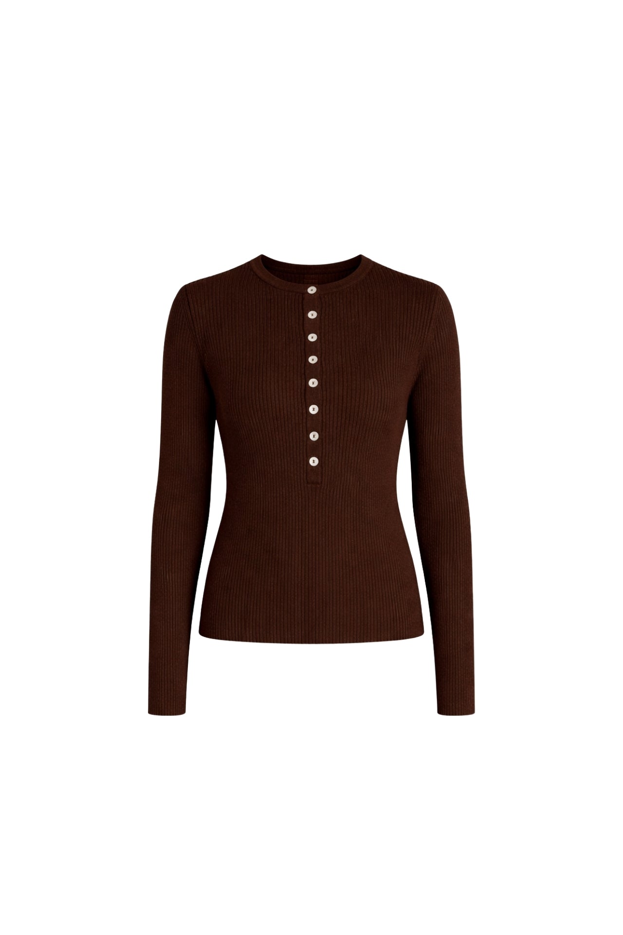Crew Neck Button Detail Brown Knit Blouse